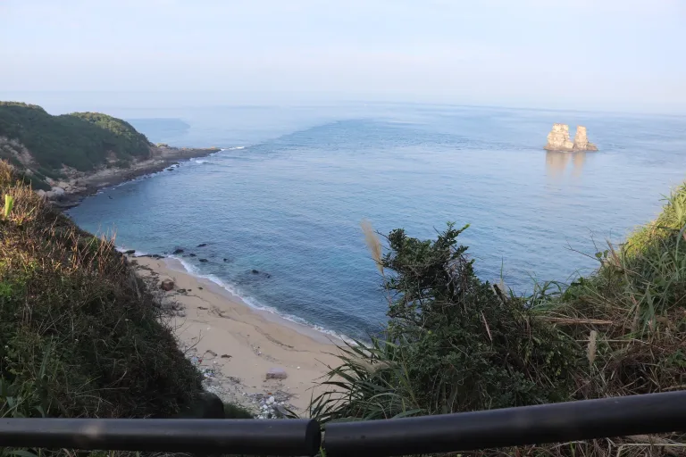 Coastal overlook showing a sandy beach, calm blue water, and distant two sea stacks with green cliffs on the left; foreground bushes and a railing frame the scene.